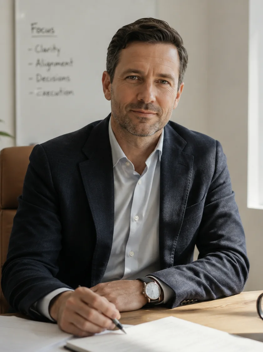 A consultant seated at a desk in a bright office, pen in hand over a printed document.