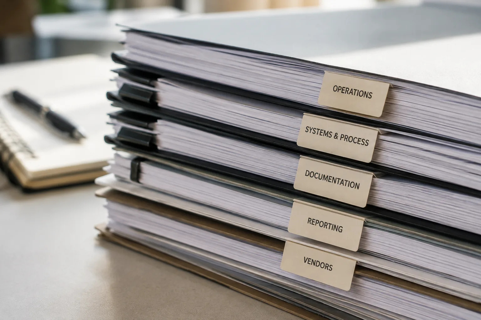 Labelled folders stacked on a desk, tabbed for operations, systems and process, documentation, reporting, and vendors.